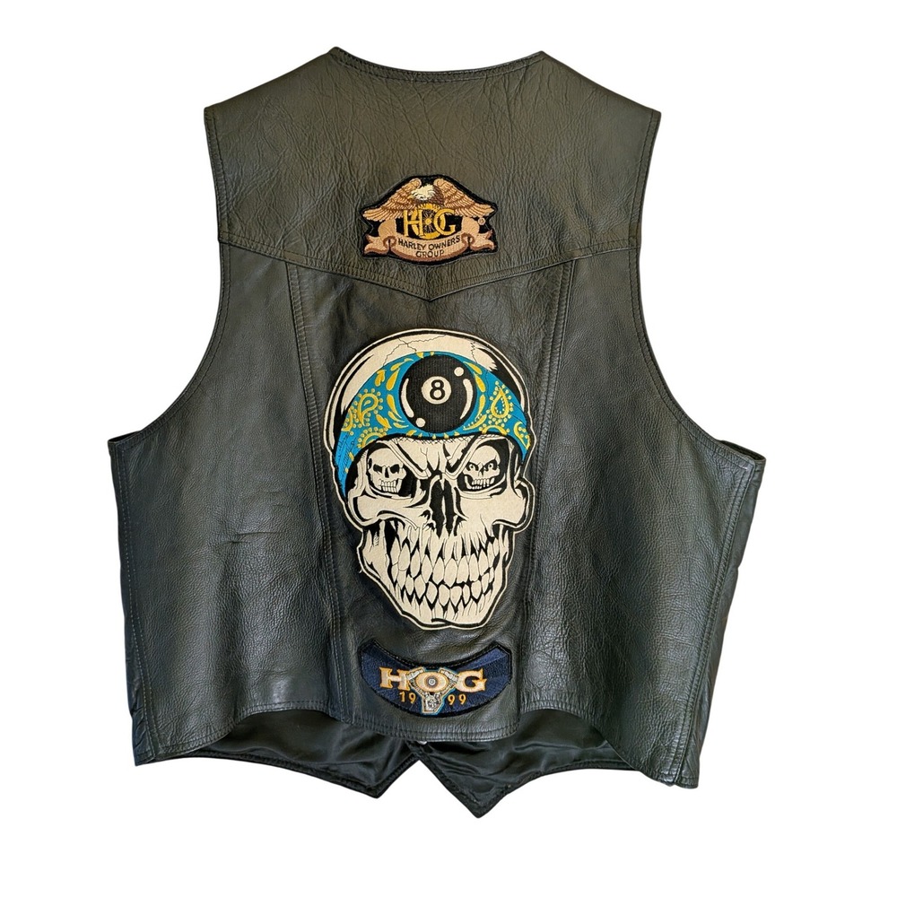 Real Leather Biker Vest Men 48 Skull 8-Ball HOG Patch Vintage Motorcycle Outlaw